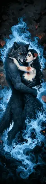 Free dark romance bookmark featuring a blue flame werewolf dark romance embrace